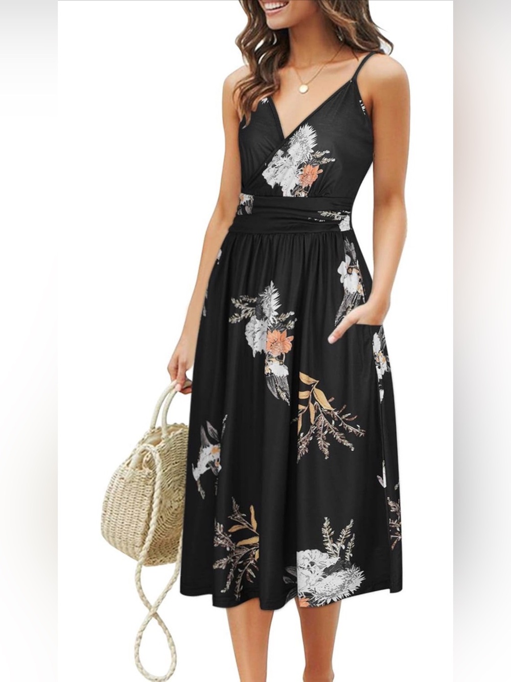OUGES Black Floral Faux Wrap Midi Dress XL 16-18 Pockets